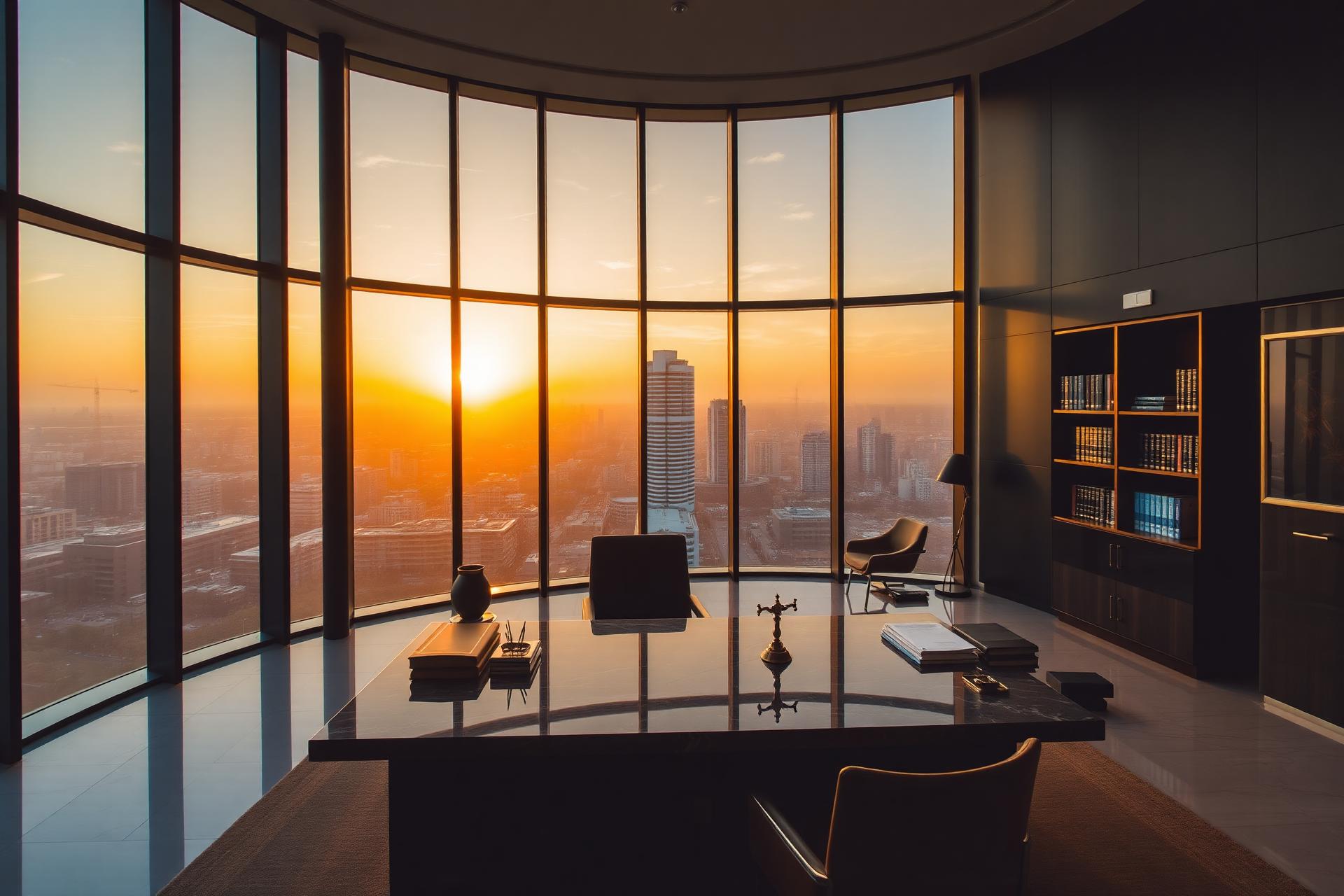 Cabinet d'avocats moderne à Abidjan avec vue sur la ville au coucher du soleil